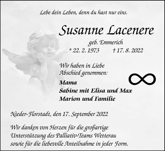 Traueranzeige von Susanne Lacenere von Wetterauer Zeitung