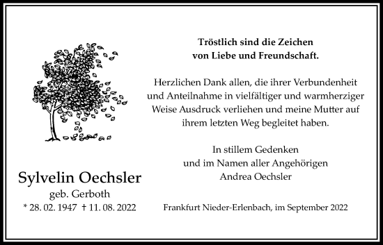 Traueranzeige von Sylvelin Oechsler von Bad Vilbel/Karben