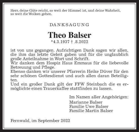 Traueranzeige von Theo Balser von Wetterauer Zeitung, Giessener Allgemeine, Alsfelder Allgemeine