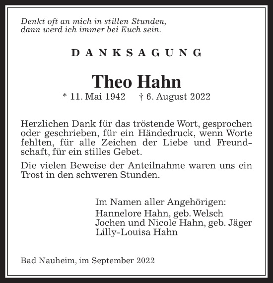 Traueranzeige von Theo Hahn von Wetterauer Zeitung