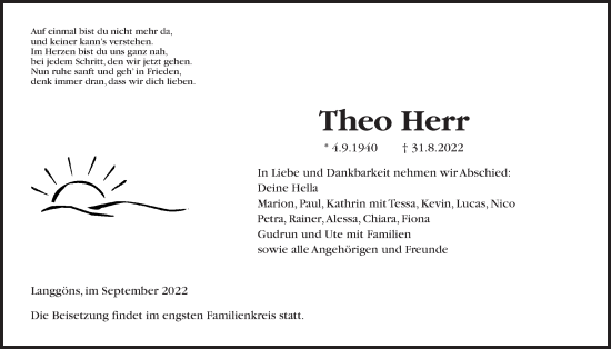 Traueranzeige von Theo Herr von Giessener Anzeiger, Giessener Allgemeine, Alsfelder Allgemeine