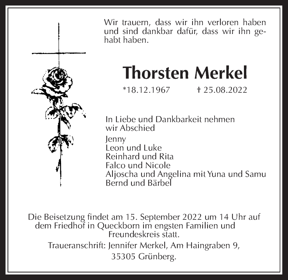  Traueranzeige für Thorsten Merkel vom 12.09.2022 aus Giessener Allgemeine, Alsfelder Allgemeine, Giessener Allgemeine, Alsfelder Allgemeine