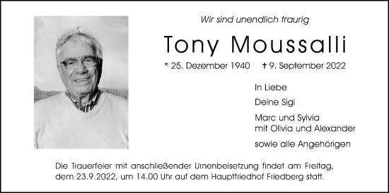 Traueranzeige von Tony Moussalli von Wetterauer Zeitung
