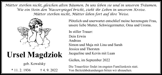 Traueranzeige von Ursel Magdziok von Giessener Allgemeine, Alsfelder Allgemeine, Giessener Anzeiger