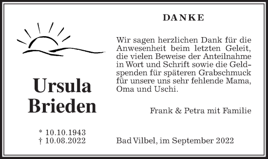 Traueranzeige von Ursula Brieden von Bad Vilbel/Karben