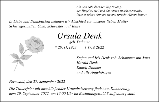 Traueranzeige von Ursula Denk von Giessener Allgemeine, Alsfelder Allgemeine, Giessener Anzeiger