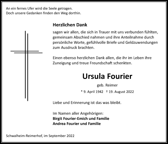 Traueranzeige von Ursula Fourier von Wetterauer Zeitung
