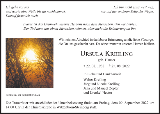 Traueranzeige von Ursula Kreiling von Giessener Allgemeine, Alsfelder Allgemeine