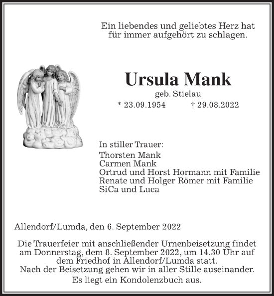 Traueranzeige von Ursula Mank von Giessener Anzeiger, Giessener Allgemeine, Alsfelder Allgemeine