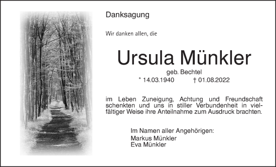 Traueranzeige von Ursula Münkler von Wetterauer Zeitung