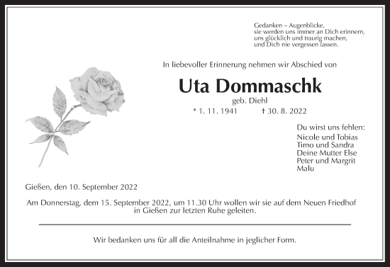 Traueranzeige von Uta Dommaschk von Giessener Anzeiger, Giessener Allgemeine, Alsfelder Allgemeine