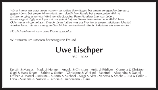Traueranzeige von Uwe Lischper von Giessener Allgemeine, Alsfelder Allgemeine, Giessener Anzeiger
