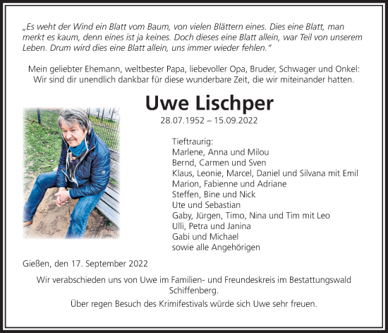 Traueranzeige von Uwe Lischper von Giessener Allgemeine, Alsfelder Allgemeine, Giessener Anzeiger