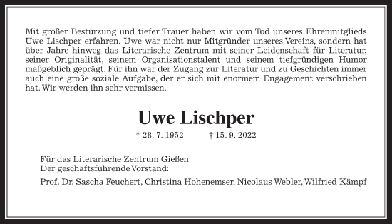 Traueranzeige von Uwe Lischper von Giessener Allgemeine, Alsfelder Allgemeine, Giessener Anzeiger