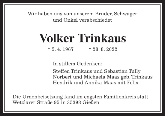 Traueranzeige von Volker Trinkaus von Giessener Allgemeine, Alsfelder Allgemeine