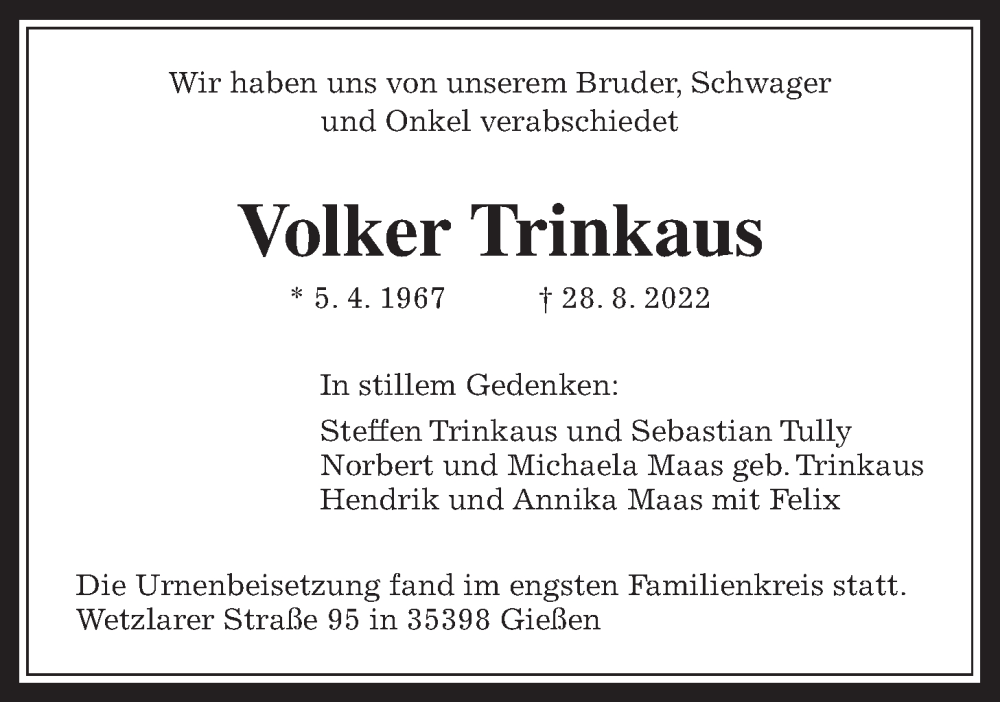  Traueranzeige für Volker Trinkaus vom 17.09.2022 aus Giessener Allgemeine, Alsfelder Allgemeine