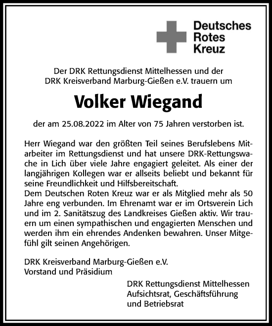 Traueranzeige von Volker Wiegand von Giessener Anzeiger, Giessener Allgemeine, Alsfelder Allgemeine