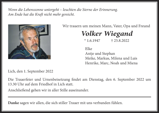 Traueranzeige von Volker Wiegand von Licher Wochenblatt