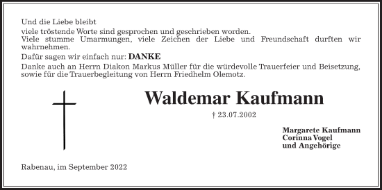 Traueranzeige von Waldemar Kaufmann von Rabenauer Zeitung