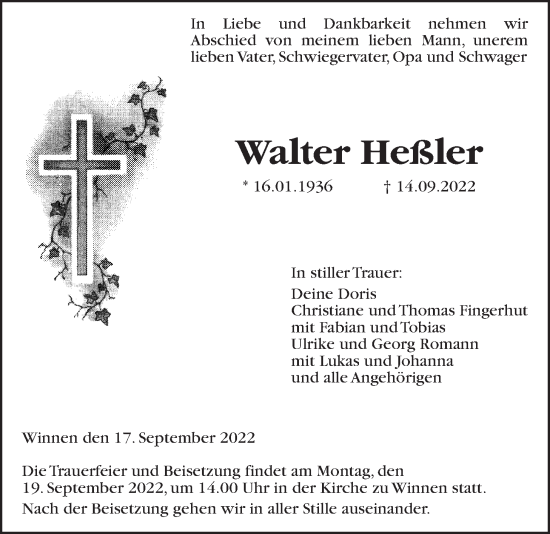 Traueranzeige von Walter Heßler von Giessener Allgemeine, Alsfelder Allgemeine, Giessener Anzeiger