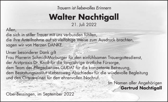 Traueranzeige von Walter Nachtigall von Licher Wochenblatt