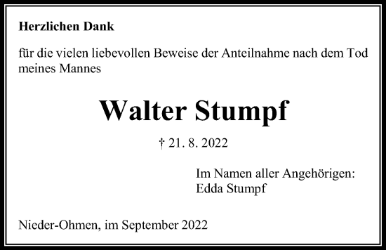 Traueranzeige von Walter Stumpf von Giessener Allgemeine, Alsfelder Allgemeine