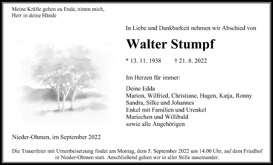 Traueranzeige von Walter Stumpf von Alsfelder Allgemeine