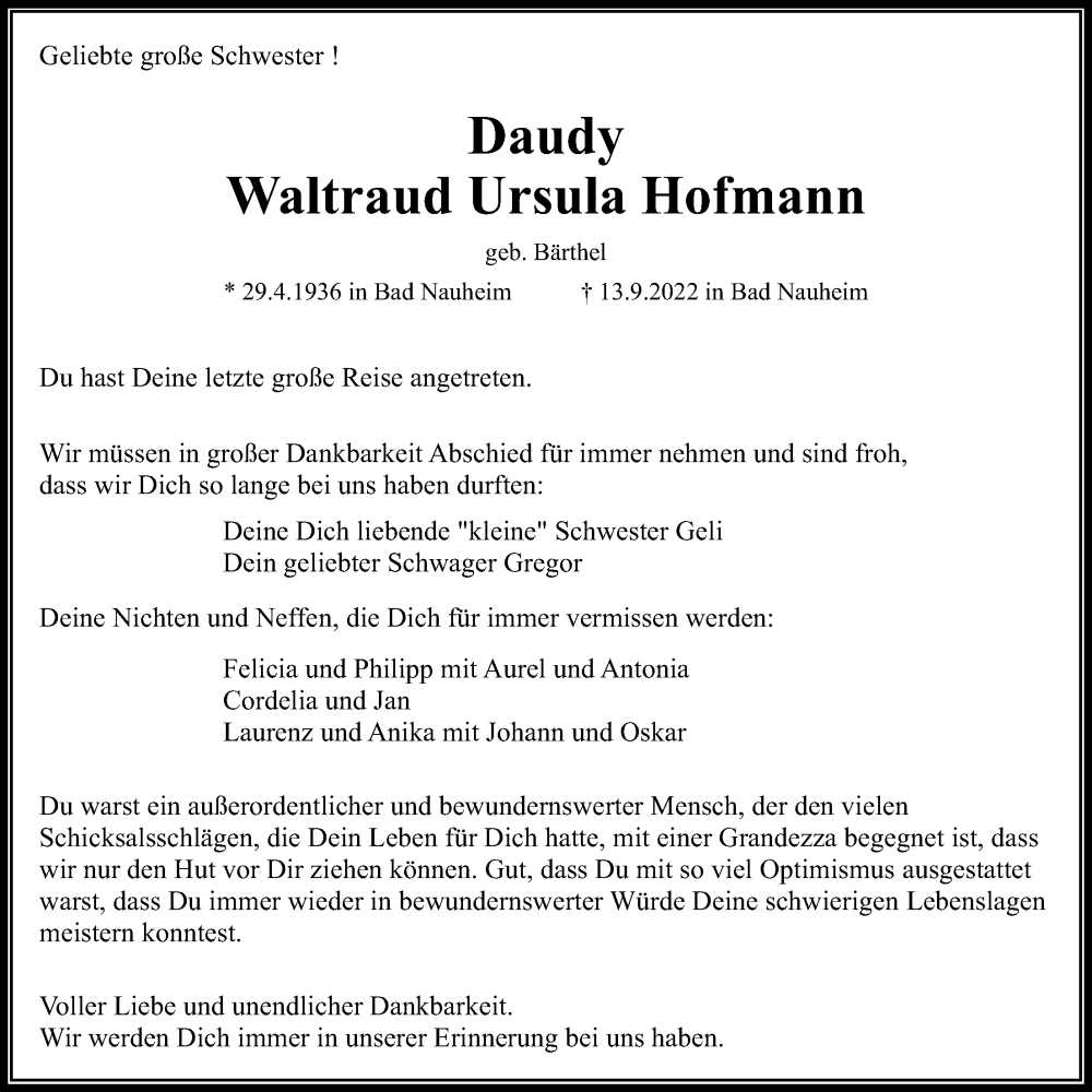  Traueranzeige für Waltraud Ursula Hofmann vom 17.09.2022 aus Wetterauer Zeitung