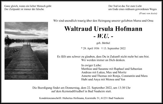 Traueranzeige von Waltraud Ursula Hofmann von Wetterauer Zeitung