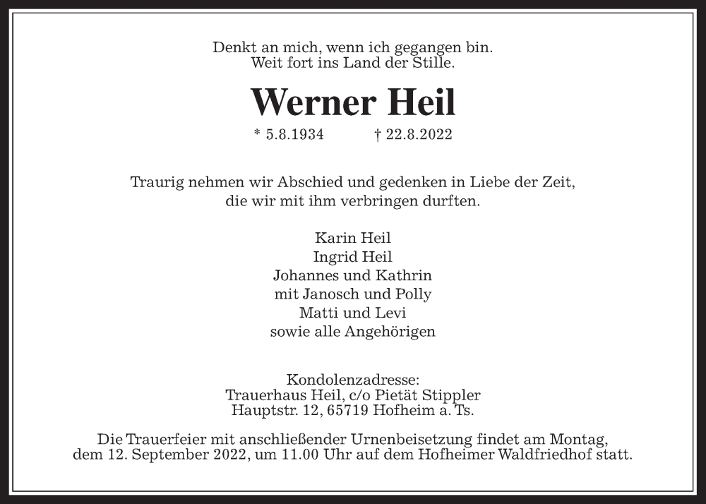  Traueranzeige für Werner Heil vom 02.09.2022 aus 