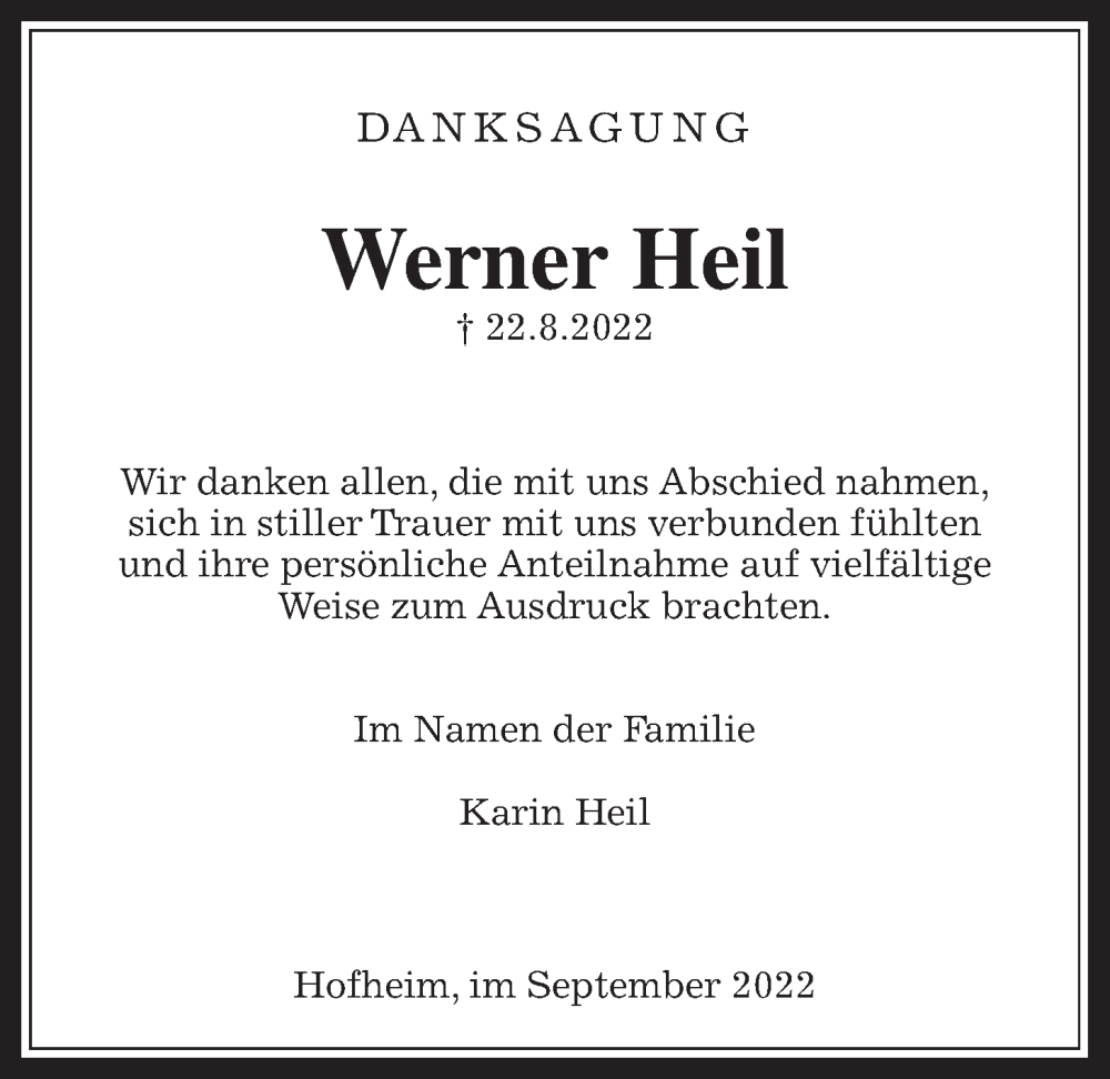  Traueranzeige für Werner Heil vom 23.09.2022 aus 