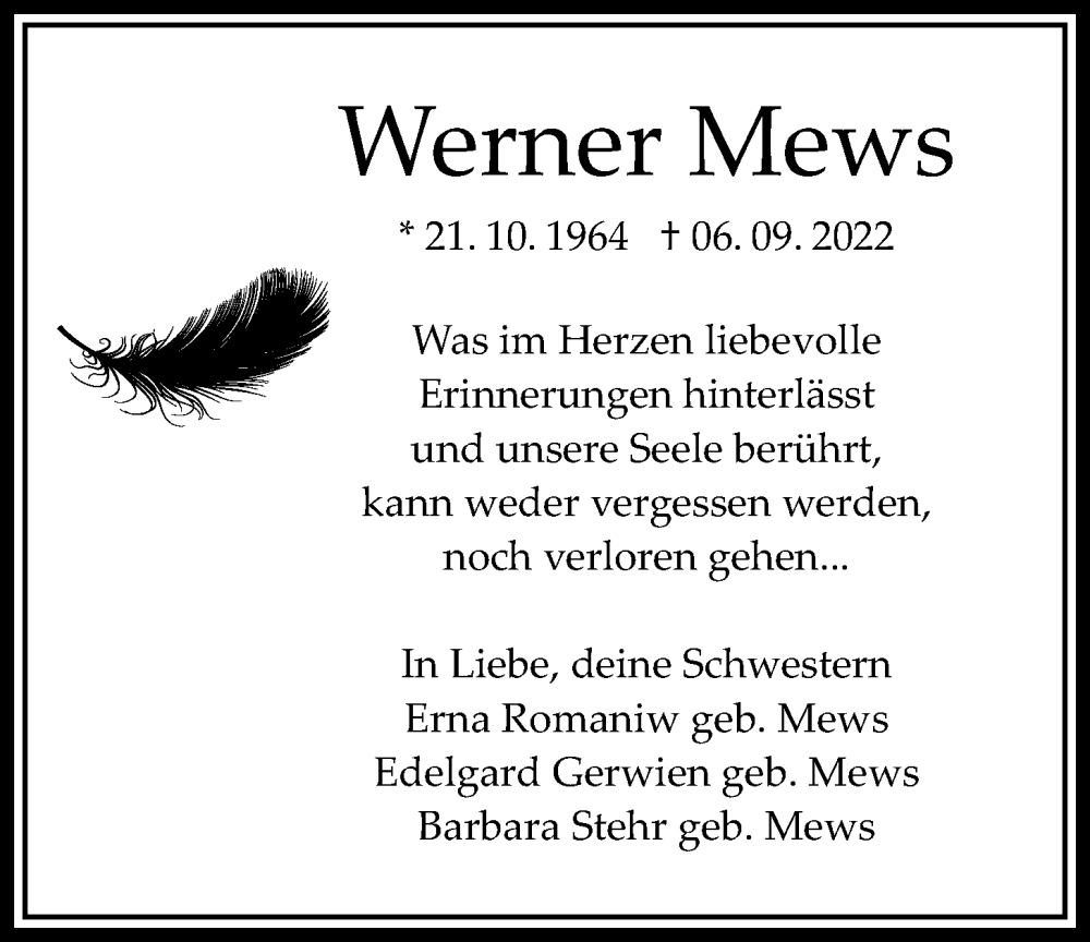  Traueranzeige für Werner Mews vom 22.09.2022 aus Bad Vilbel/Karben