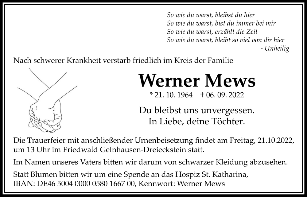  Traueranzeige für Werner Mews vom 15.09.2022 aus Bad Vilbel/Karben