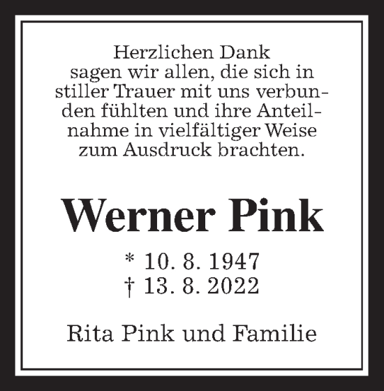 Traueranzeige von Werner Pink von Wetterauer Zeitung, Giessener Allgemeine, Alsfelder Allgemeine
