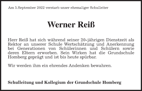Traueranzeige von Werner Reiß von Alsfelder Allgemeine