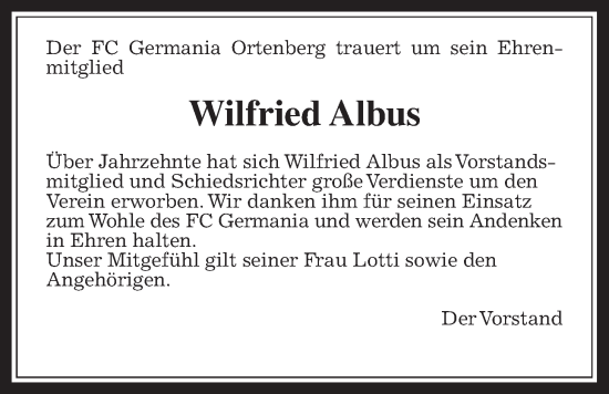 Traueranzeige von Wilfried Albus von Kreis-Anzeiger