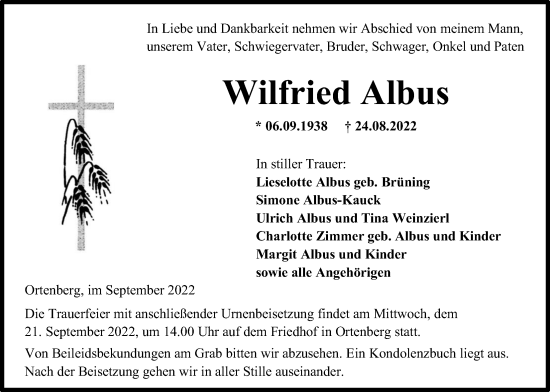 Traueranzeige von Wilfried Albus von Kreis-Anzeiger