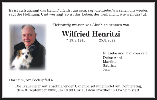 Traueranzeige von Wilfried Henritzi von Wetterauer Zeitung