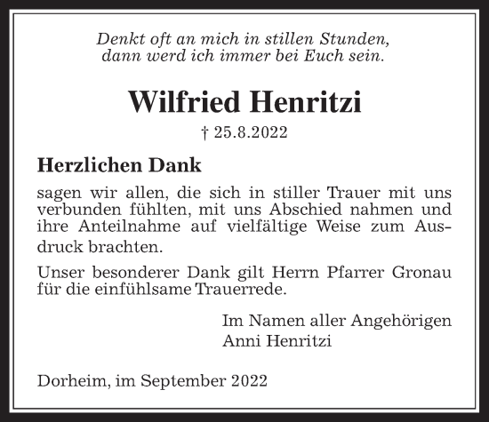 Traueranzeige von Wilfried Henritzi von Wetterauer Zeitung