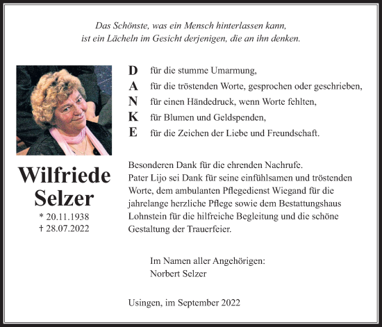 Traueranzeige von Wilfriede Selzer von Usinger Anzeiger