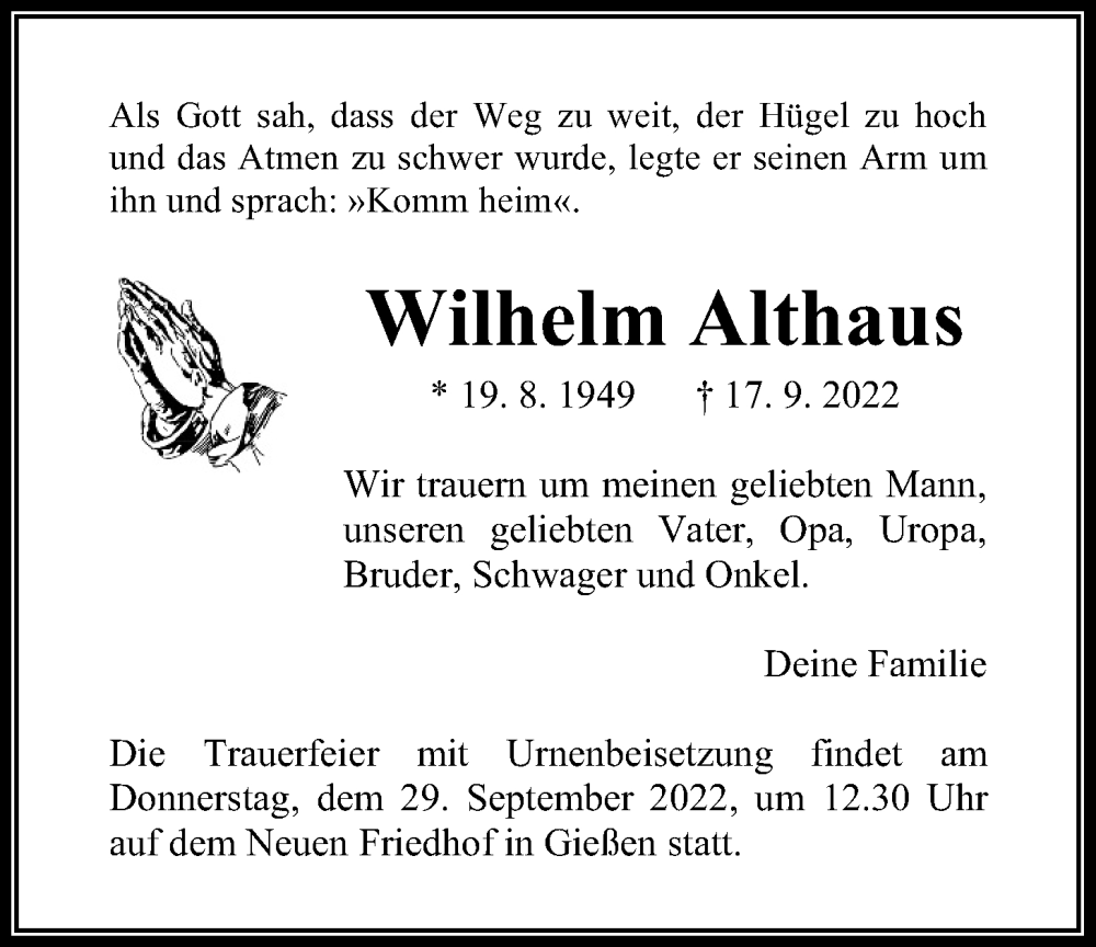  Traueranzeige für Wilhelm Althaus vom 23.09.2022 aus Giessener Allgemeine, Alsfelder Allgemeine