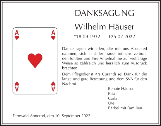 Traueranzeige von Wilhelm Häuser von Giessener Allgemeine, Alsfelder Allgemeine, Giessener Anzeiger