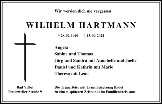 Traueranzeige von Wilhelm Hartmann von Bad Vilbel/Karben