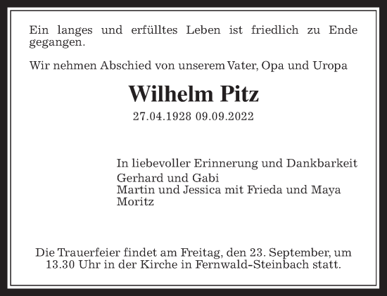 Traueranzeige von Wilhelm Pitz von Giessener Allgemeine, Alsfelder Allgemeine, Giessener Anzeiger