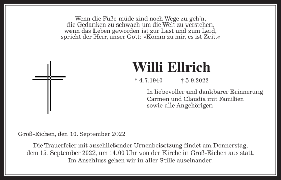 Traueranzeige von Willi Ellrich von Alsfelder Allgemeine