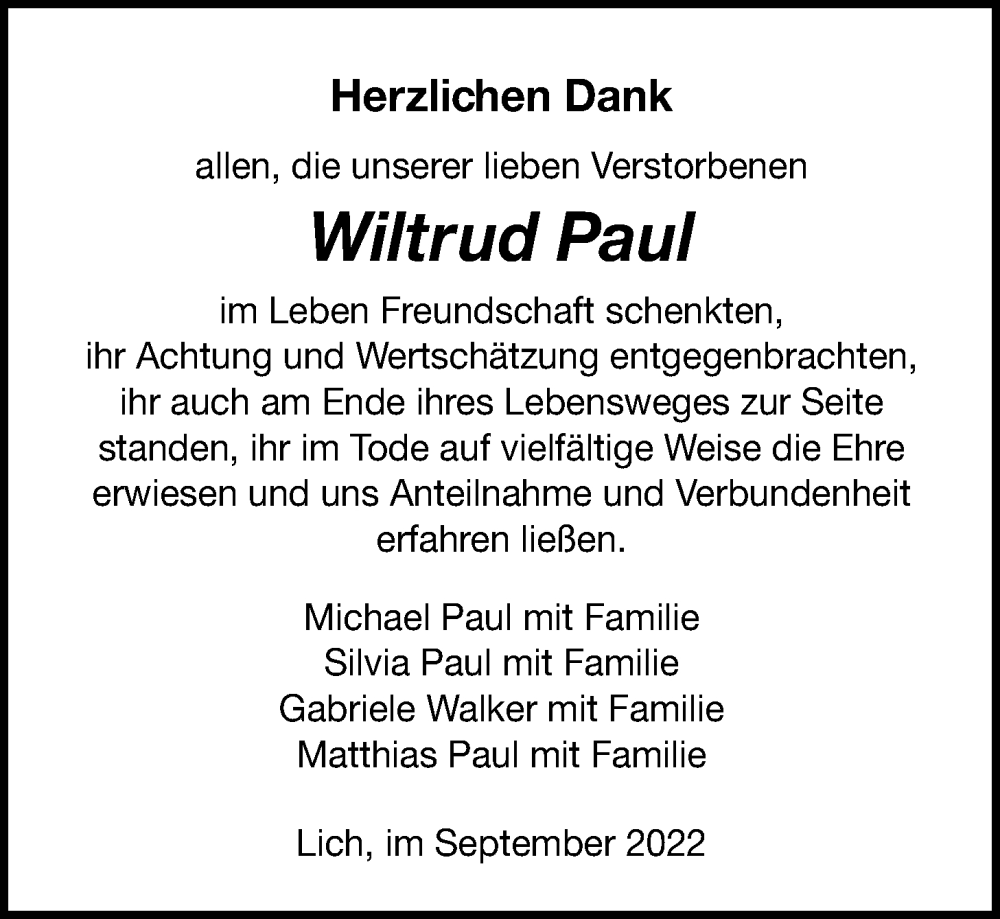  Traueranzeige für Wiltrud Paul vom 22.09.2022 aus Licher Wochenblatt