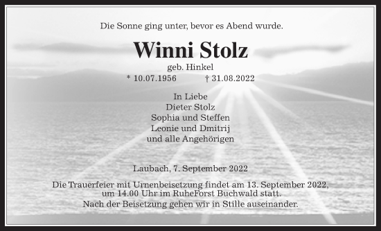 Traueranzeige von Winni Stolz von Laubacher Anzeiger, Giessener Anzeiger