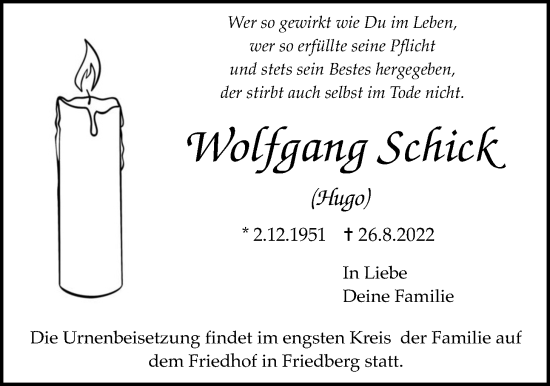 Traueranzeige von Wolfgang Schick von Wetterauer Zeitung