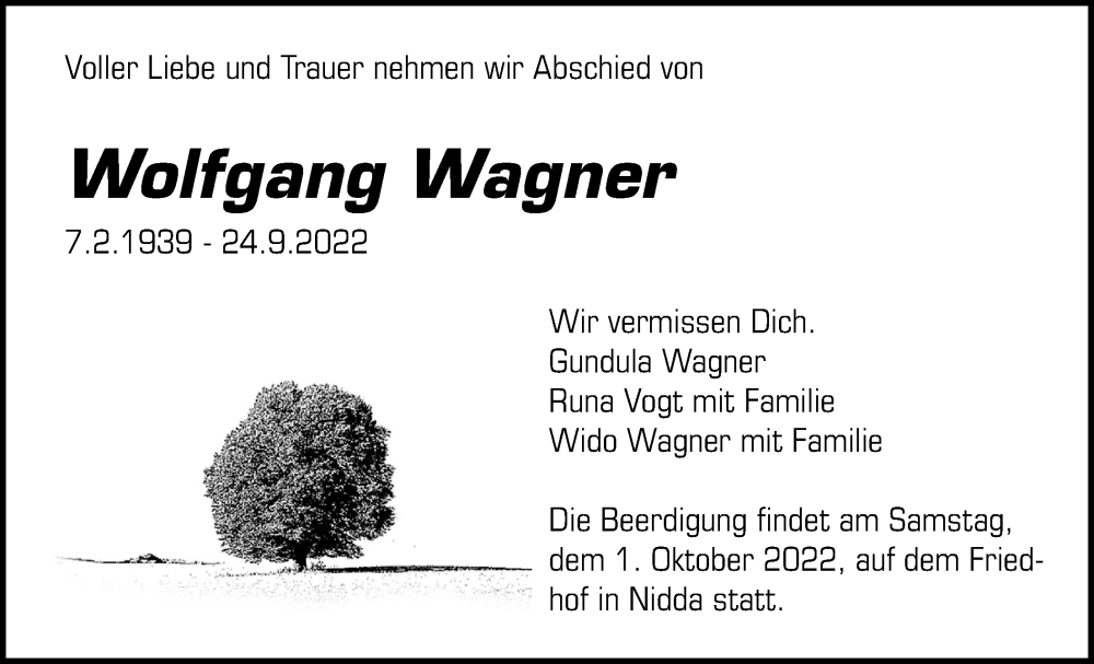  Traueranzeige für Wolfgang Wagner vom 29.09.2022 aus Kreis-Anzeiger