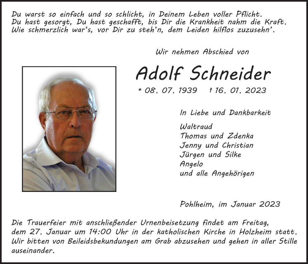  Traueranzeige für Adolf Schneider vom 23.01.2023 aus Giessener Allgemeine, Alsfelder Allgemeine